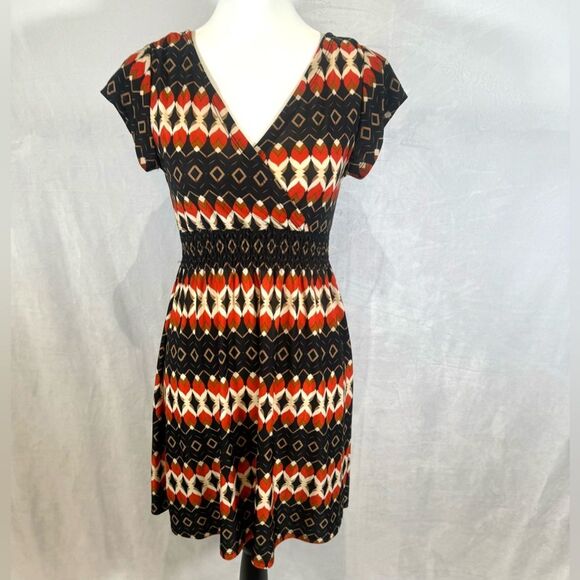 Cristina Love black and burnt orange abstract print smocked dress size medium - Picture 1 of 5